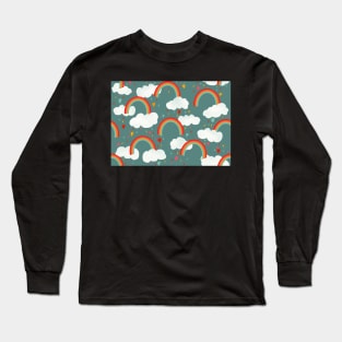 Clouds, rainbows and love hearts on a teal background Long Sleeve T-Shirt